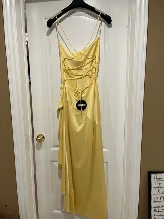 Satin Yellow High-Low Ruffle Evening Gown - Picture 3 of 3